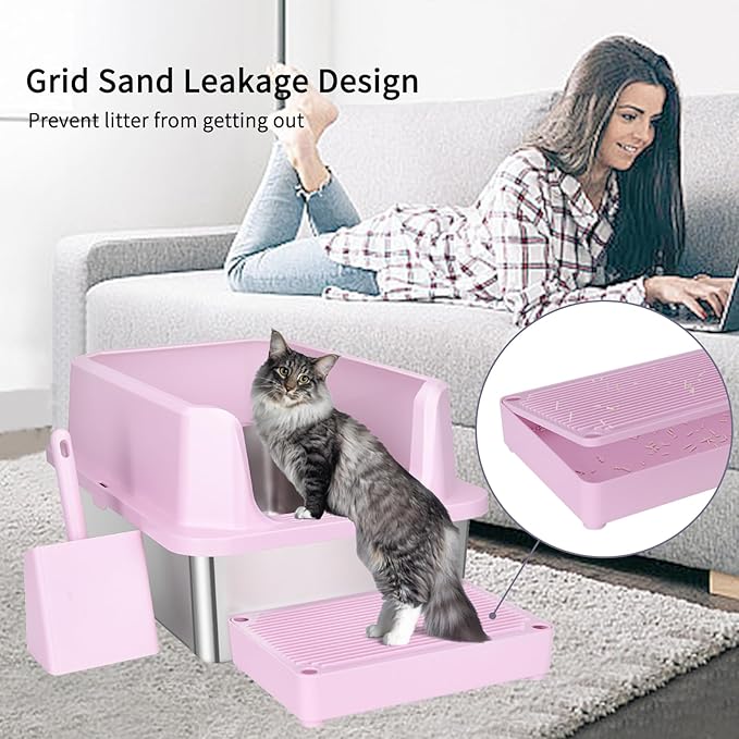 RIZZARI Large Stainless Steel Cat Litter Box: Open Top Leak-Proof Large Cat Pan - Odor Control for Indoor Multi-Cat Homes (Light Pink, 23.8" L*16" W*12" H)