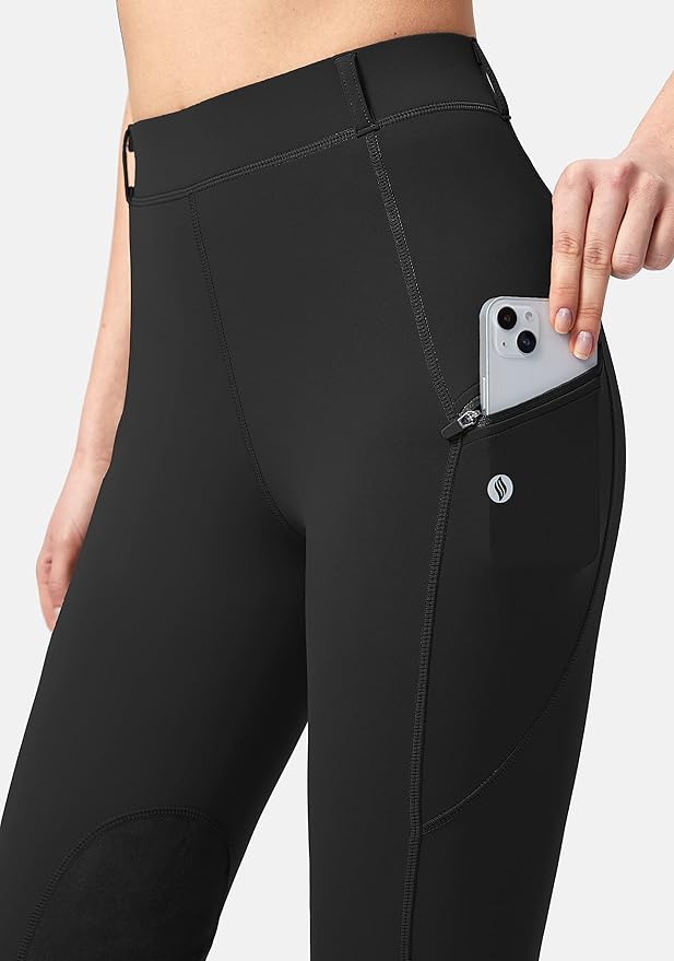 SANTINY Women's Horse Riding Pants with Zipper Pockets Knee-Patch Schooling Tights Equestrian Breeches for Women