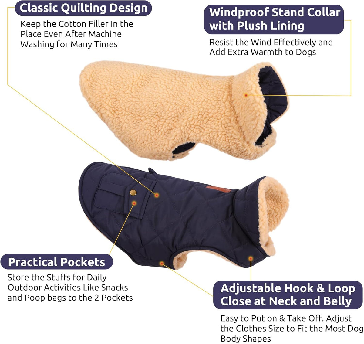 Queenmore Warm Puffer Dog Jacket, Quilting Winter Coat Ultra Thick Plush Lining with Storage Pockets (Dark Navy, X-Small)