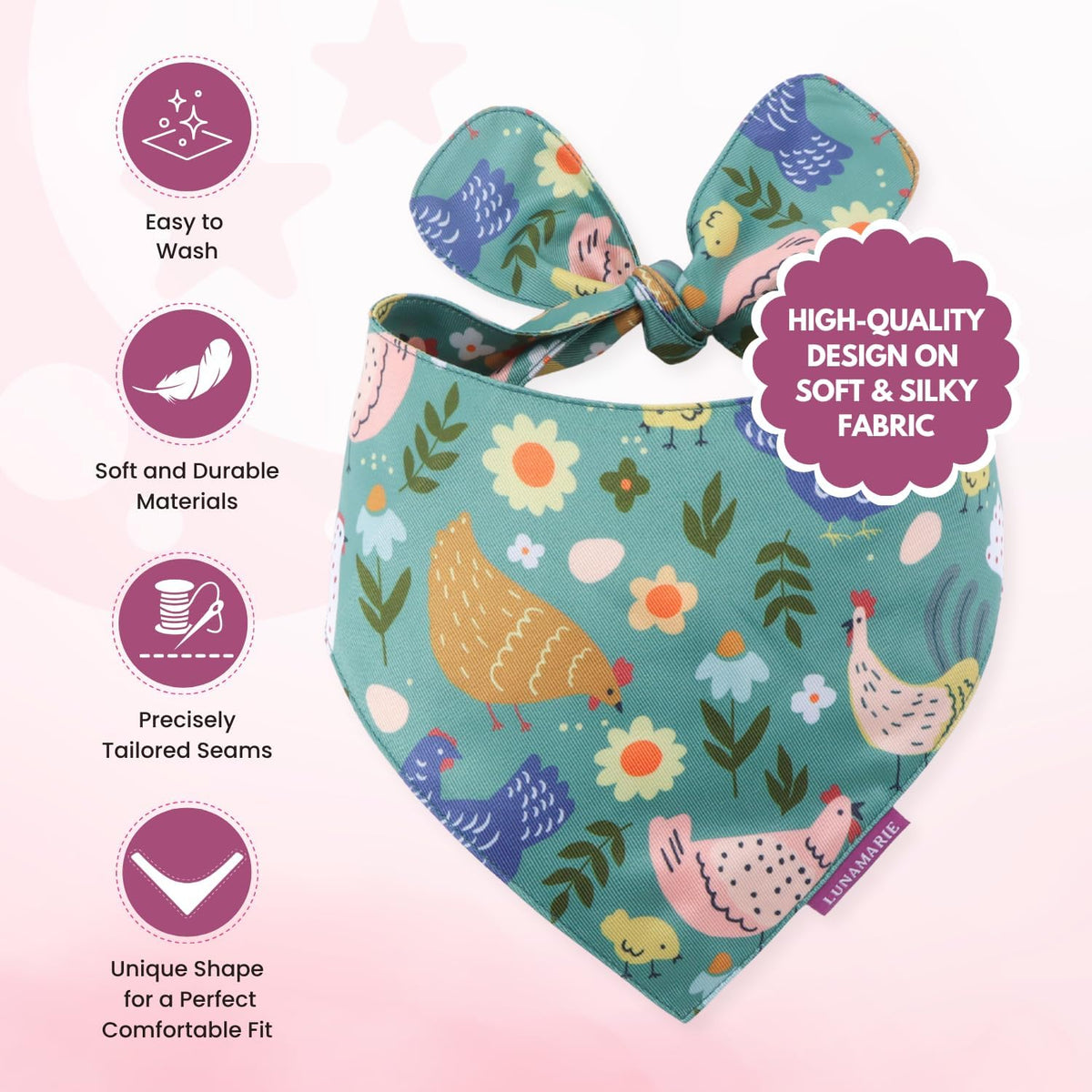 LunaMarie - Luxury Pet Birthday Bandanas -Premium & Silky Poly Fabric | 100% Handmade | Custom Shape Dual Layered (Chicken Couture, Medium)