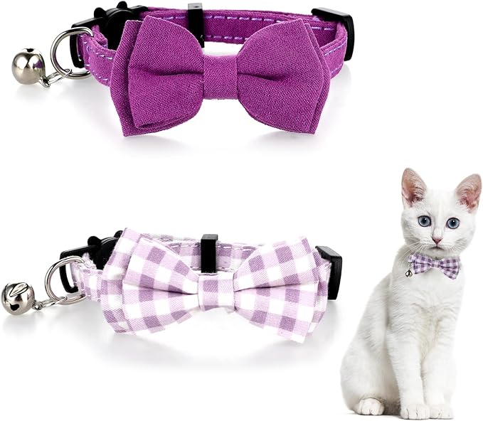 2 Pcs Kitten Collar with Bell Cute Cat Collar for Girl Cats Breakaway Bowtie Cat Collars Adjustable Small Puppy Safety Collar Solid Color Plaid Pet Collar (Purple)