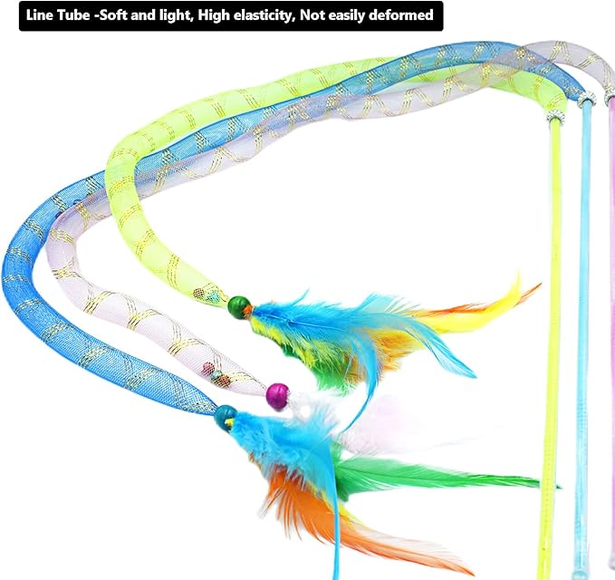 IUHKBH Cat Wands, 3 PCS Soft Line Tube Teaser Wands Colorful Feather Wands with Bell Interactive Cat Toys