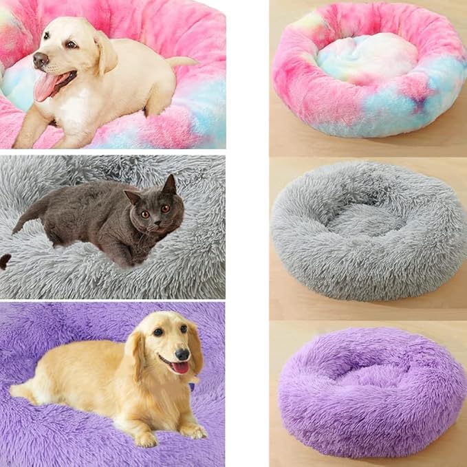 Calming Small Dog Bed & Cat Bed, 16 Inch Donut Fluffy Anti-Anxiety Round Bed Washable Cute Bed, Cuddler Warming Cozy Soft Bed, Plush Cushion Bed for Small Medium Dogs and Cats (Red)