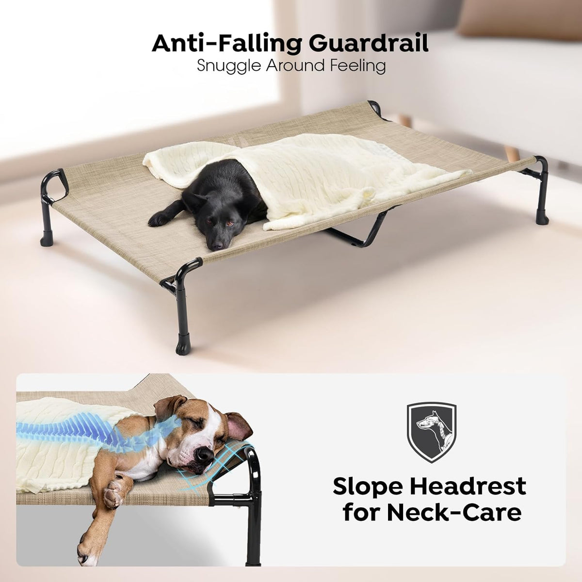 Veehoo Cooling Elevated Dog Bed - Raised for Large Dogs, Outdoor With Guardrail, Upgraded Non-Slip Feet, Breathable Teslin Mesh, Portable Camping Cot, 53 x 33 Inches, Beige Coffee