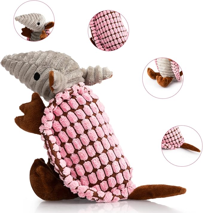 Hollypet Plush Dog Squeaky Toy Stuffed Armadillo Animal Pet Puppy Chew Toys with Clean Teeth for Small Medium Large All Breed Sizes Dogs, Pink, 8 in