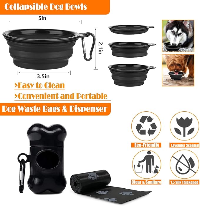 No Pull Dog Harness, Collar & Leash Set | Includes Dog Seat Belt, Collapsible Bowls & Poop Bag Dispenser. Ideal for Training, Walking, Hiking. Fits Small to Large Dogs(Black-L)