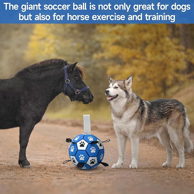 QDAN Extra Large Dog Toys Soccer Ball - Durable Dog Balls for Extra Large Dogs with Straps, Outdoor Dog Toys, Dog Water Toy, Herding Ball (9 Inch)