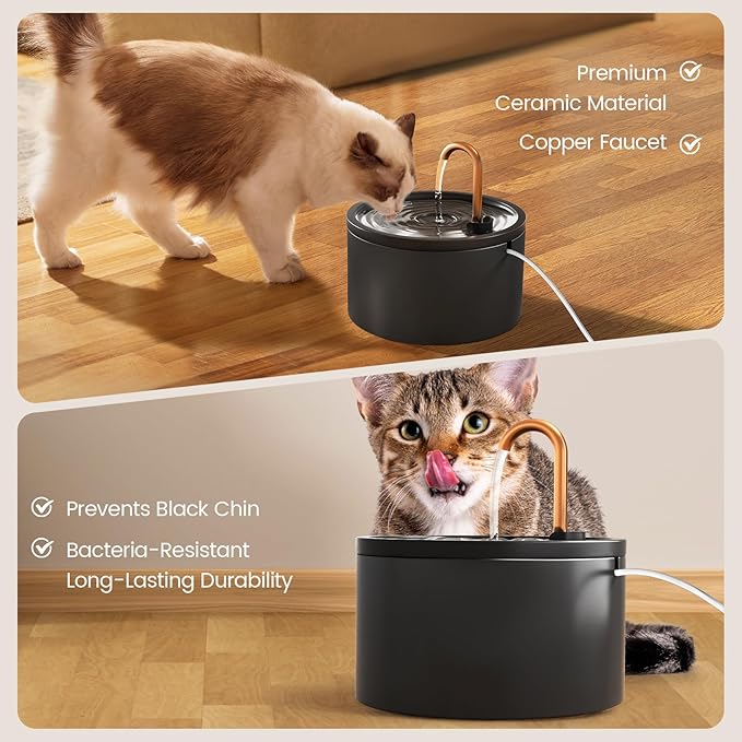 Ceramic Cat Water Fountain - 2.1L/71oz - All-Ceramic Body & Pure Copper Water Spout - Non-Toxic - Automatic Pet Drinking Fountain Indoor with Ultra-Quiet Pump, and 3Pcs Filter & Sponge (Black)