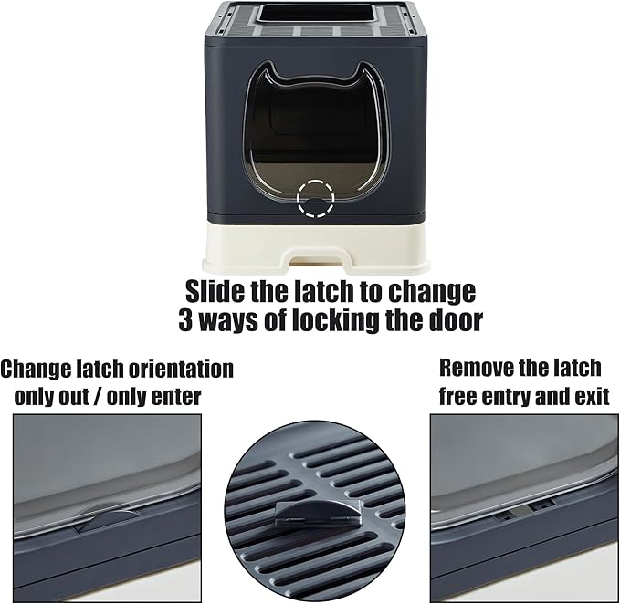 Gefryco Litter Box with Lid for Small to Medium Cats, Enclosed Cat Litter Box with Cover，High Sided Top Entry Cat Box with Brush and Scoop, Cute Kitty Litter Pan with Drawer for Growing Kitten(Black)