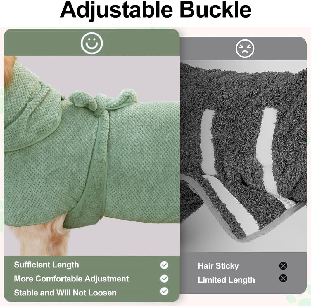 KOOGALSmall to Medium Size Dog Bathrobe, Quick Drying Super Absorbent Used for After Bathing, Warm Dog Towels, Adjustable Hoodies and Belts for Pet Dogs Bath Clothes Products(Green Jacquard, L)
