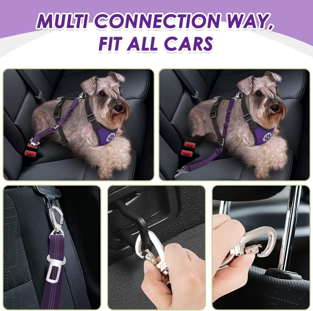 Lukovee Dog Seat Belt for Car, Adjustable Dog Car Harness for Large Medium Small Dogs, Soft Padded & Breathable Mesh Dog Seatbelt with Car Strap and Carabiner(Purple Double Clip,Large)
