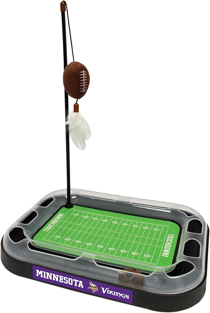 NFL Minnesota Vikings Football Field Cat Scratcher With Catnip Filled Plush Football & Feather Toy Hanging, Jingle Bell Interactive Ball Chasing 5-in-1 Kitty Toy