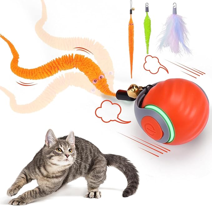 Interactive Cat Toy Ball - Motion-Activated, USB Rechargeable Cat Toys for Indoor Cats with Anti-Scratch Cover & 2 Changeable Tails - Enrichment Toy for Active Cats & Kittens