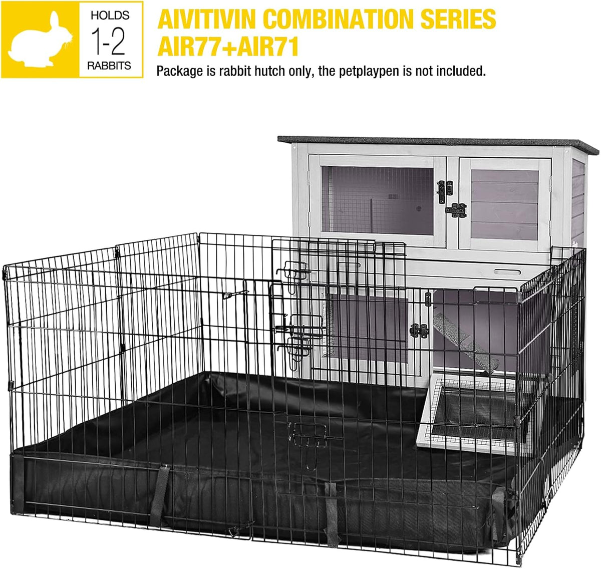 Aivituvin 2-Tier Rabbit Hutch with Tarp Door and Wheels Bunny Cage Indoor Outdoor Guinea Pig Cage Expandable with Pet Playpen 36" L, Grey