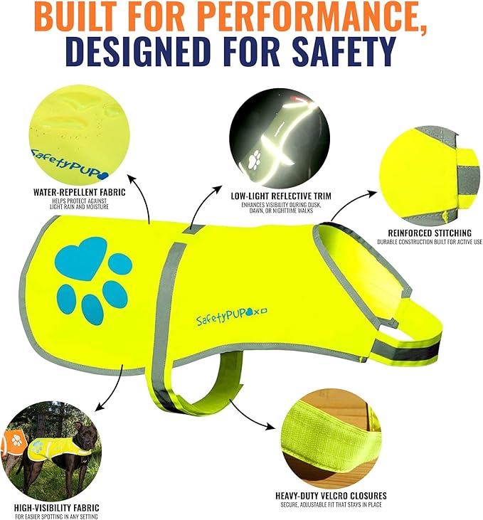 Dog Reflective Vest – Hi-Vis Fluorescent Visibility That Helps to Safeguard Your Pet On/Off Leash in Urban & Rural Areas (Yellow, Large)