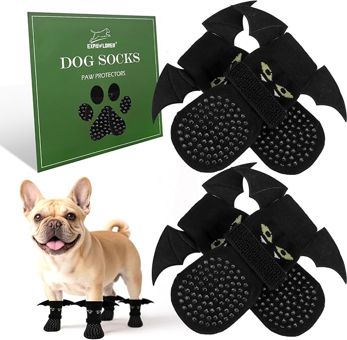 EXPAWLORER Halloween Anti Slip Dog Socks to Prevent Licking Paws, Boots & Paw Protectors with Grippers,Doggie Booties for Hardwood Floors for Small Medium Large Senior Dogs Costume Black Devil Wings M