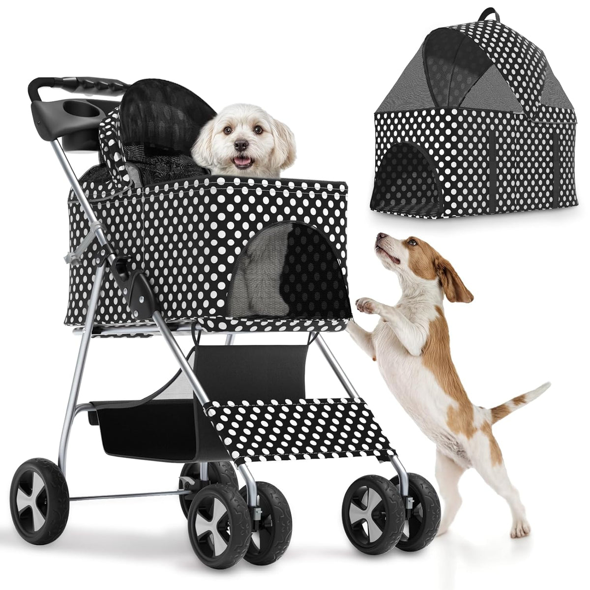 Magshion Foldable Pet Stroller, 3-in-1 Dog Travel Jogger with Detachable Carrier, Cup Holder, Storage Basket, Folding Carrier for Small/Medium Dogs & Cats Up to 33 lbs, Black Polka Dots