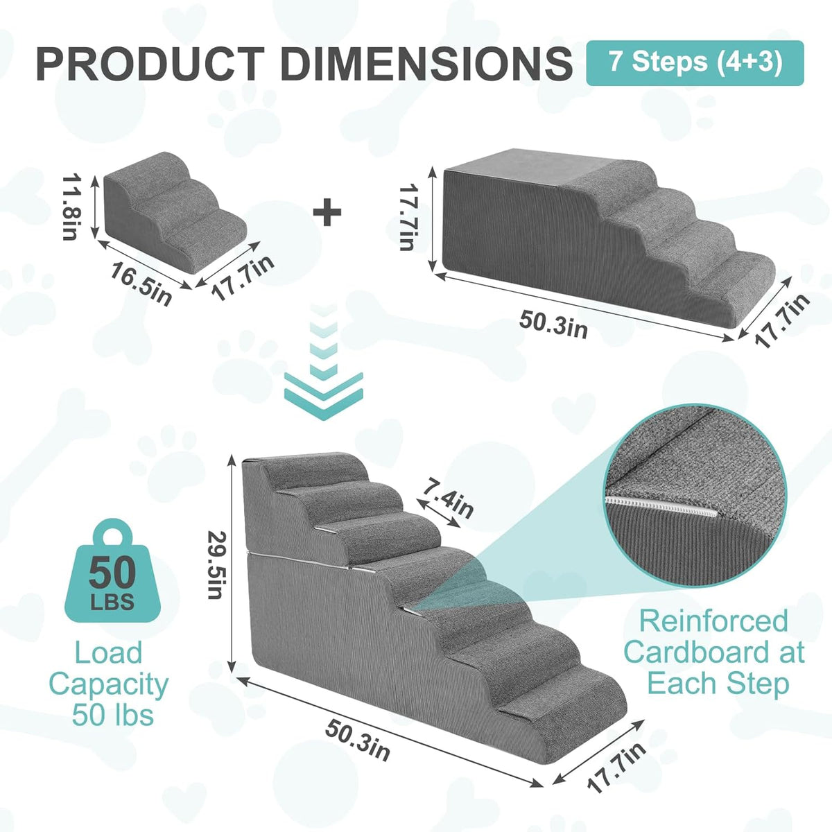 7-Step Dog Stairs for High Bed - 29.5" Adjustable Dog Ramps for Couch, Non-Slip Sturdy Pet Steps for Small Dogs, Washable Cover, Removable Modular Design, Dual 11.8” & 17.7” Steps for Custom Height