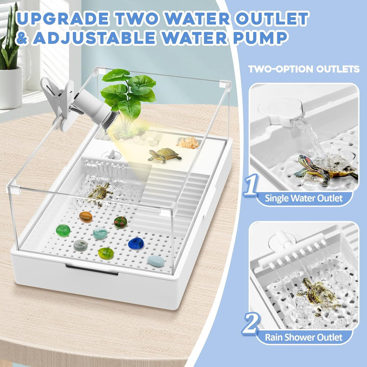 GOZILLA Large Turtle Tank Kit+Water Pump+Lamp, Acrylic Turtle Tank Starter Kit with Adjustable 5W Water Pump and Timing/Dimming Lamp, Multi-Functional Area for Small/Medium Turtles(Large-White Kit).