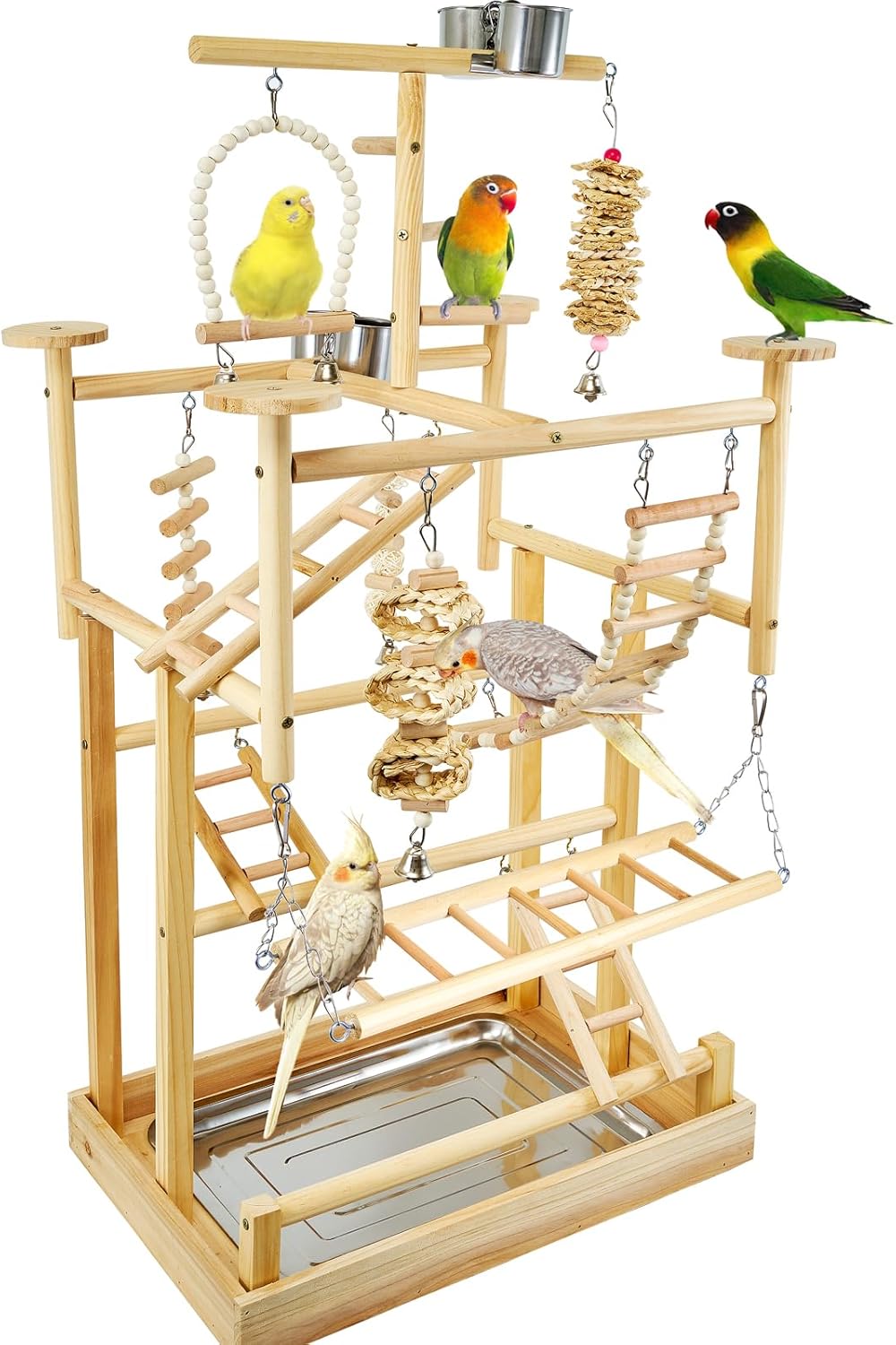Bird Playground - Natural Wood Parrot Playstand with Perches, Bird Play Gym & Accessories, Removable Tray & 4 Stainless Steel Cups