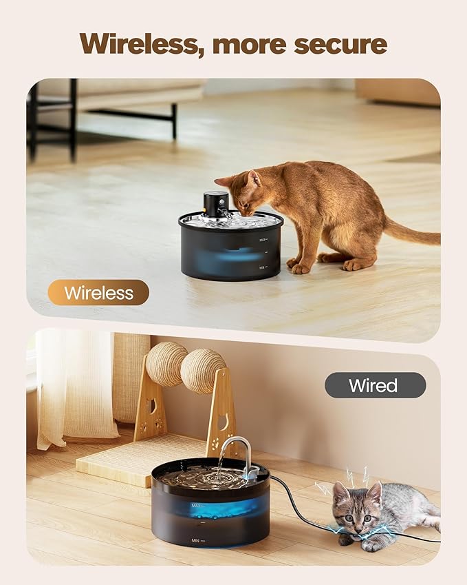 Wireless Cat Water Fountain Cordless: Battery Operated Cat Fountain - 108oz/3.2L Automatic Pet Water Dispenser Rechargeable Drinking Fountains for Cats Indoor with Motion Sensor Multiple Cats and Dogs
