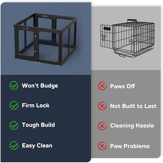 Jalove Acrylic Dog Playpen Indoor, 8 PCS Plastic Puppy Playpen with Door, Clear PlayPen for Dog Cat Rabbit Ferret, Easy Assemble Pen, Preferable Small Cage, Black, 33.5" L x 33.5" W x 24" H