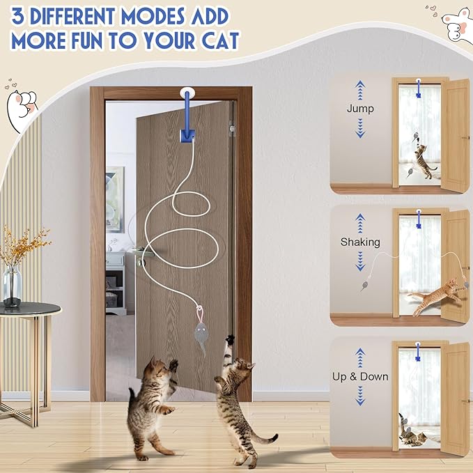 Cat Toy Interactive for Indoor Cats, Smart USB Rechargeable Door Hanging Automatic Retractable Kitten Toys, Teaser Electronic Self Play Feather Cat String Toys Attached with 3 Catnip Mice Blue