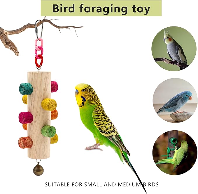 Cylinder Bird Chew Toy, Parrot Cork Stopper Toys Bird Swing Bell Hanging Wooden Puzzle Foraging Toys Small Bird Bite Perch Stand, Small and Medium Parrots (1 Pack-Cylinder Cork Stick)