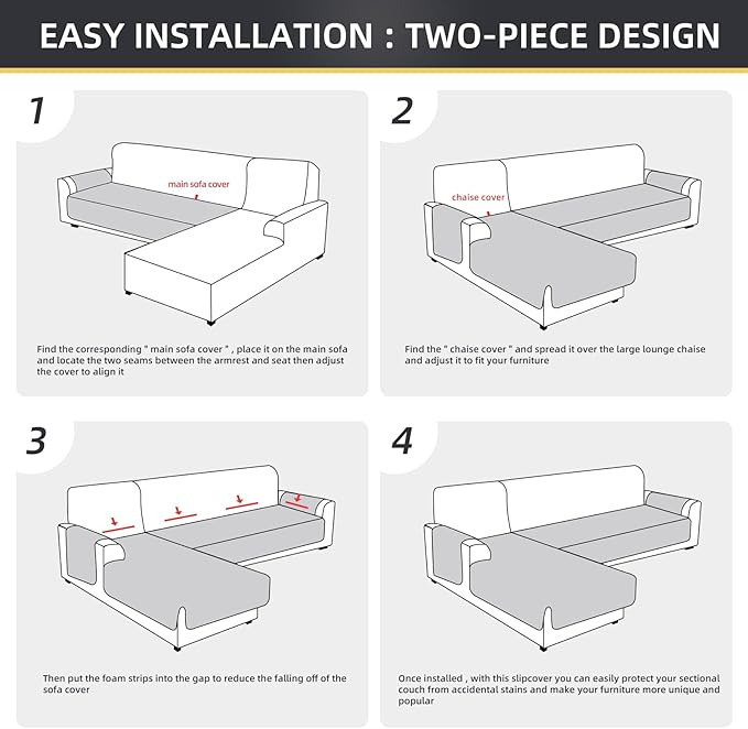 ele ELEOPTION 100% Waterproof 2 Piece Couch Cover Pet Blanket Sectional L Shape Sofa Cushion Cat Dog Bed Cover (Chaise Lounge + 3 Seat Covers) Light Gray