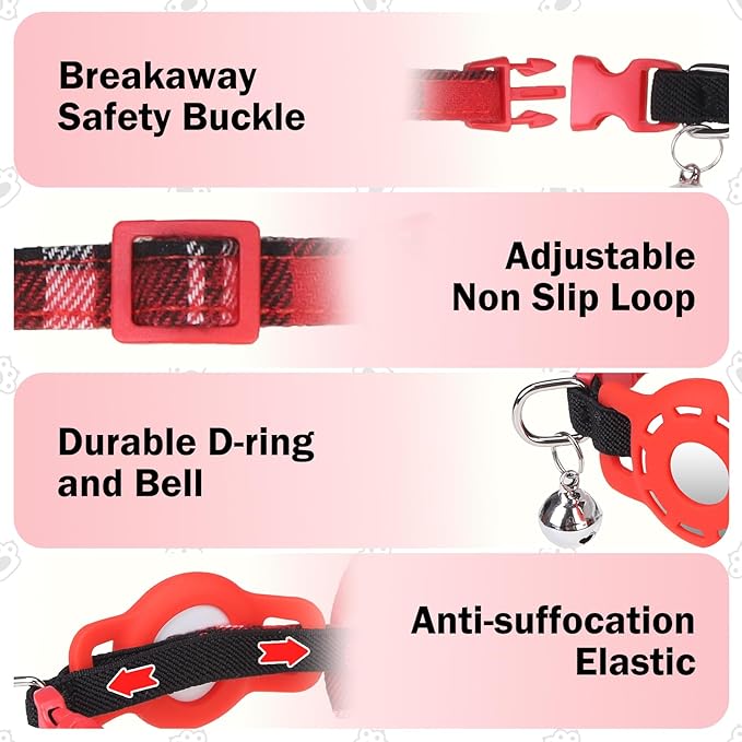 Airtag Cat Collar with Bells and Bowtie -Safety Elastic Band Kitten Collar for Apple Air Tag Holder- Cute GPS Cat Tracker Collars for Girl Boy Cats and Puppies, Adjustable 8"-12" Red