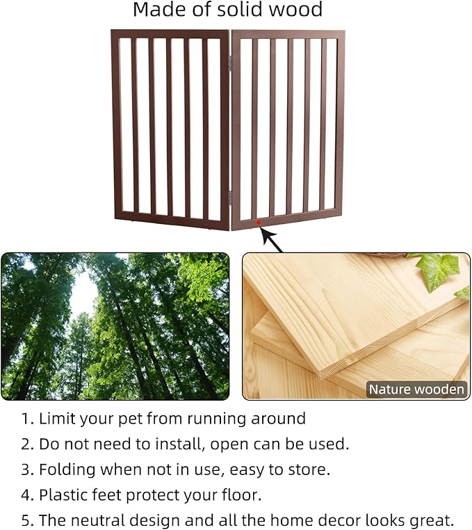 ZJSF Freestanding Indoor Dog Gate for House Foldable Wood Brown Puppy Gate for Doorways Pet Gate for Stairs Extra Wide Pet Fence 32" Height 2 Panels