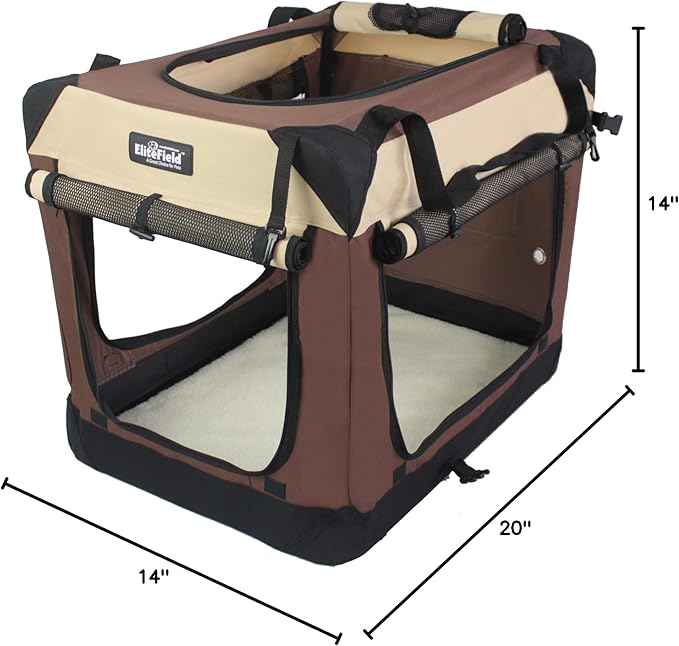 EliteField 4-Door Folding Soft Dog Crate with Curtains, Carrying Bag and Fleece Bed (2 Year Warranty), Indoor & Outdoor Pet Home (20" L x 14" W x 14" H, Brown+Beige)