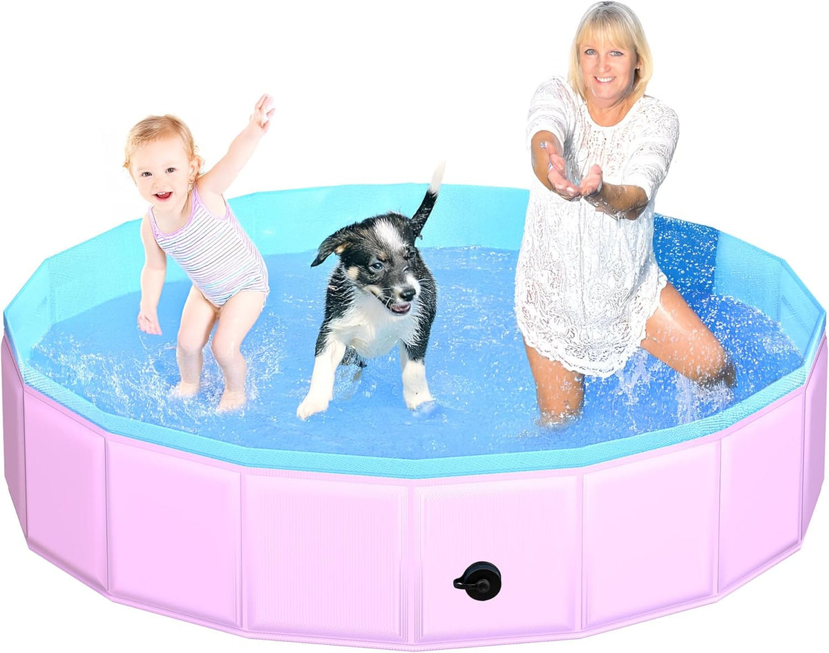 2025 Updated Foldable Dog Pool, 71" x 12" Kiddie Pool with Hard Plastic, Non-Slip Dog Bath Tub for Outdoor Backyard, Collapsible Dog Swimming Pool for Kids Dogs Pets (Pink)