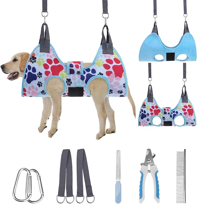 PAWCHIE Dog Grooming Hammock Harness for Dogs & Cats with Pet Nail Clipper Trimmer - Cat Hanger Sling for Trimming Clipping Nails- Dog Hammock Restraint Bag for Small Medium Large Dog, Blue M