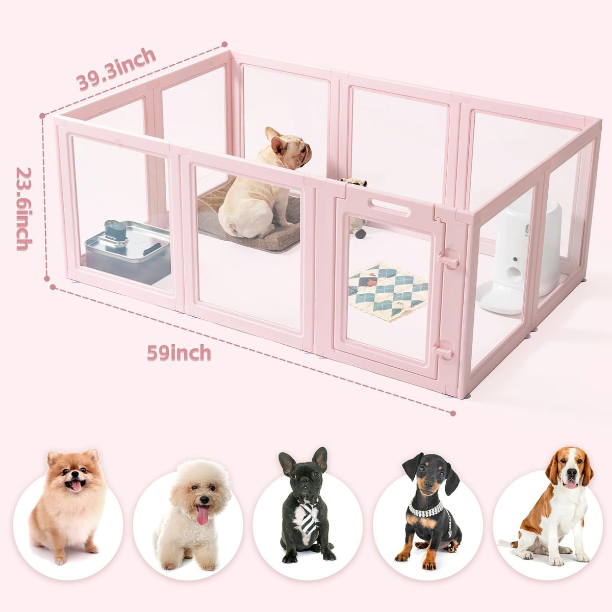 DIY Clear Acrylic Dog Playpen House,Quick Easy Assembly and Disassembly,Strong Floor Suction,Indoor and Outdoor Use,Easy Cleansing Puppy Fence (Sakura Pink, 23.6" H, 12PCS)