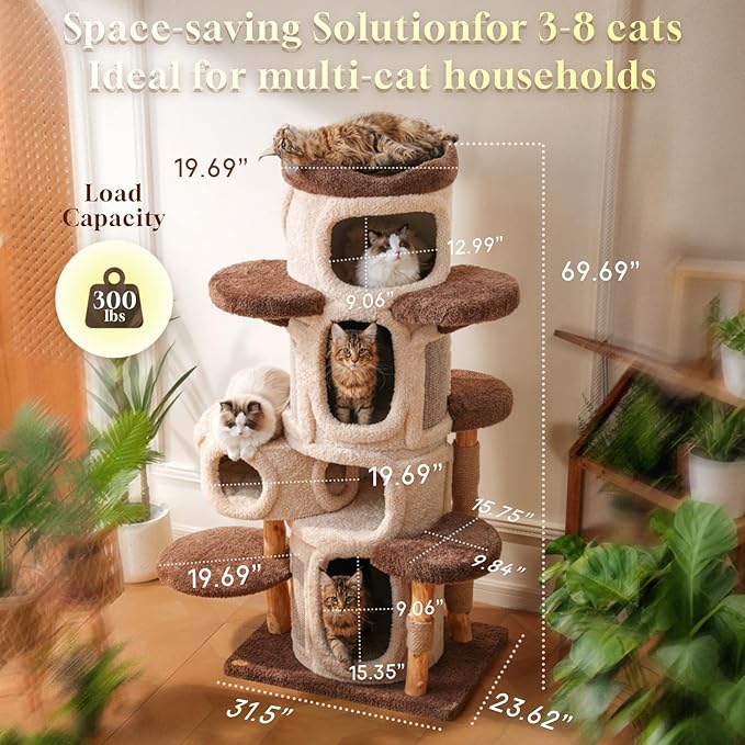 69.69'' Modern Cat Tree for Indoor Cats Large Adult, Luxury Cat Tower with Scratching Post, Multi Level Spacious Condo, Heavy Duty Kitty House, Sturdy Cat Activity Center for Large Cat