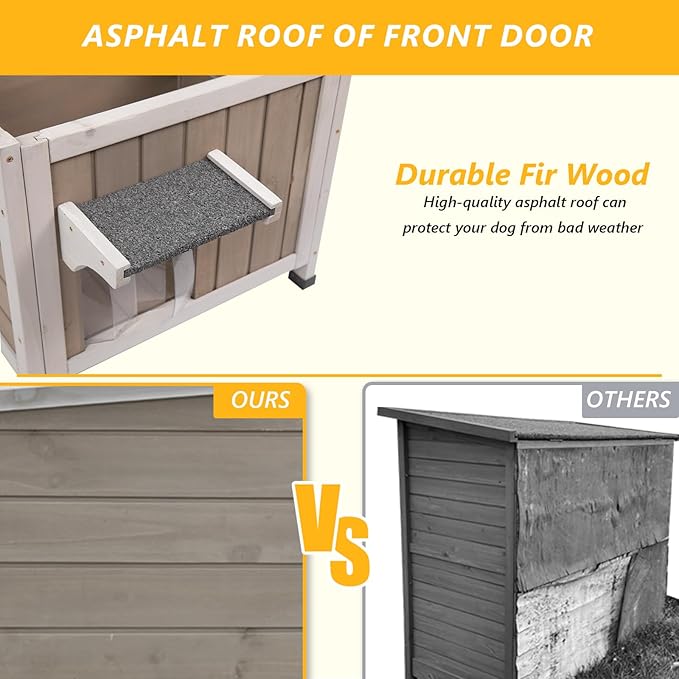 22.44" L Cat House,Feral Cat Shelter for Kittens,Outdoor Weatherproof Cat Enclosure with Openable Asphalt Roof & 2 Escape Doors for Small Cats,Suit for 1-2 Cat,Grey