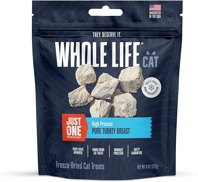 Whole Life Cat Just One Turkey Freeze Dried Cat Treats - Human Grade High Protein Food, Healthy Training Snacks, Freeze Dried Turkey Food Toppers, USA Made Natural Treats - 8 oz (Pack of 1)