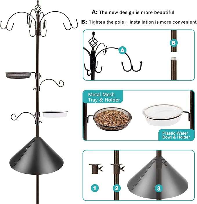 Bird Feeding Station Kit Bird Feeder Pole Wild Bird Feeder Kit with Squirrel Baffle and Suet Cage Mesh Tray Fruit Hook Double W Hook for Attracting Wild Birds
