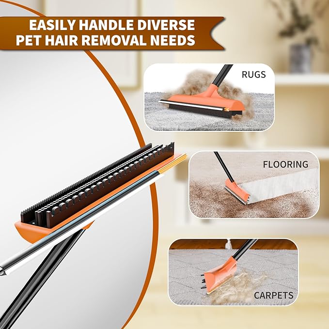 3 in 1 Carpet rake Kit for Pet Hair Removal Tool - Reusable Pet Hair Remover broom w 58"Adjustable Long Handle, Dog & Cat Carpet Scraper, Pet Hair Remover for Rugs, Mats, Couch, Curtains(Orange)