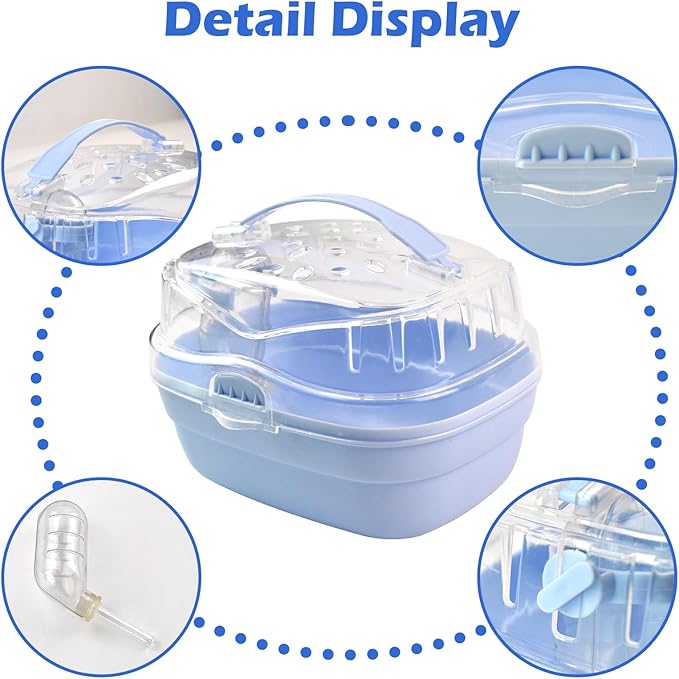 Hamster Carrier Cage with Water Bottle,Portable Hamsters Travel Cage Plastic Guinea Pig Carrying Cases Small Animal Carry Cage for Dwarf Hamsters Chinchillas Hedgehog Mouse(Blue)