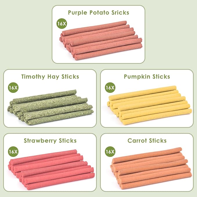 ERKOON 40Pcs Rabbit Timothy Hay Sticks, Five Flavors：PurplePotato/TimothyHay/Pumpkin/Strawberry/Carrot，Suitable Guinea Pig, Hamste, Gerbil, Chinchilla Treats, Chew Toys for Teeth for Bunnies ﻿