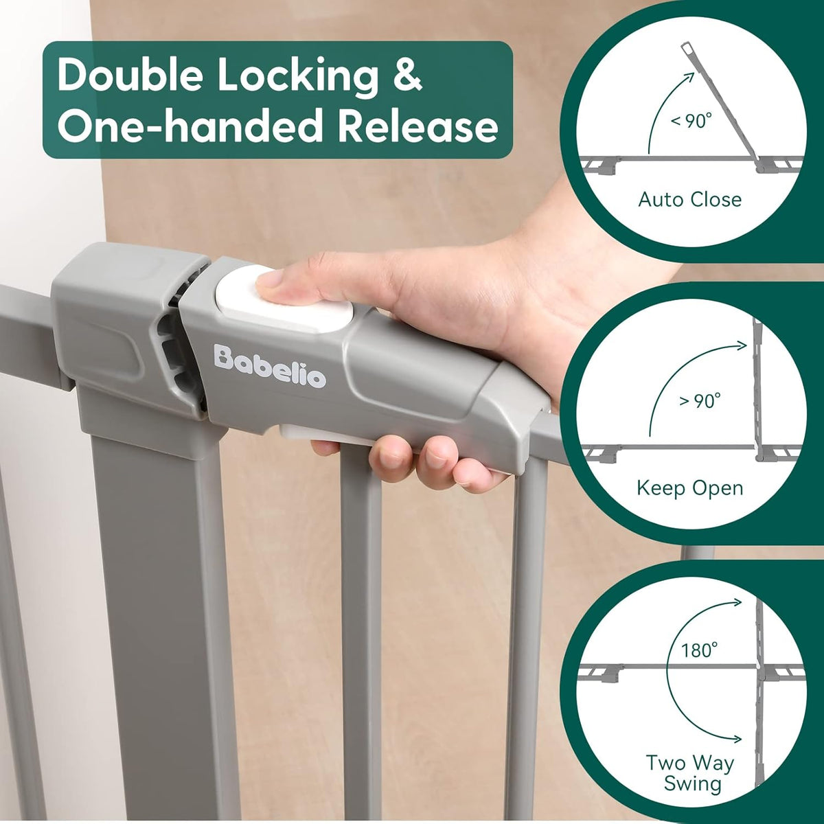 Babelio Metal Baby/Pet Gate, 29-48'' Auto Close Easy Install, Extra Wide Walk Thru for Child Safety, Pressure Mounted Dog Door for Doorways & Stairs, with Y Spindle Rods, Grey