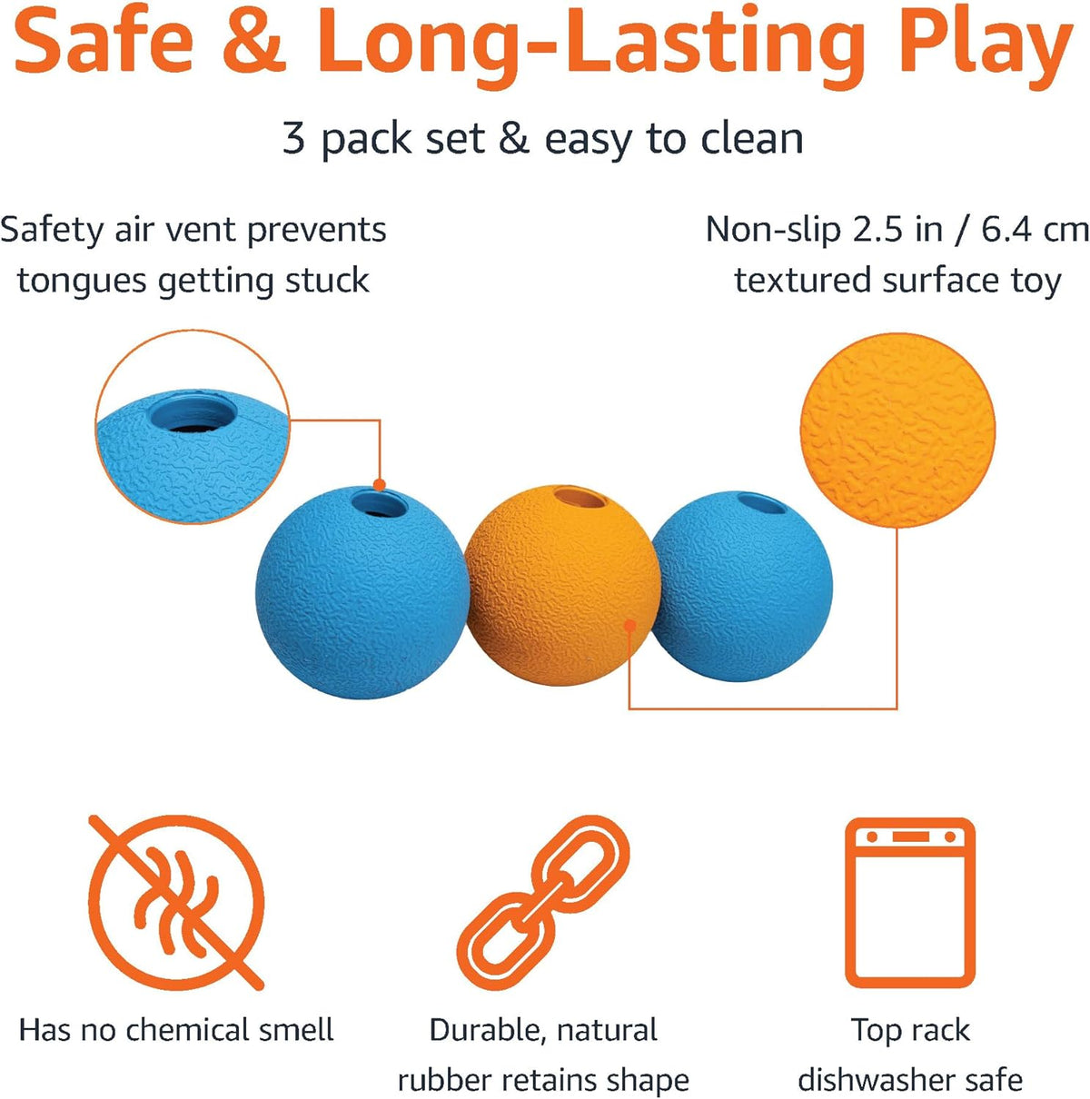 Amazon Basics Dog Toys, Interactive Fetch Rubber Balls, (Pack of 3), 2.5 inch, Blue, Orange