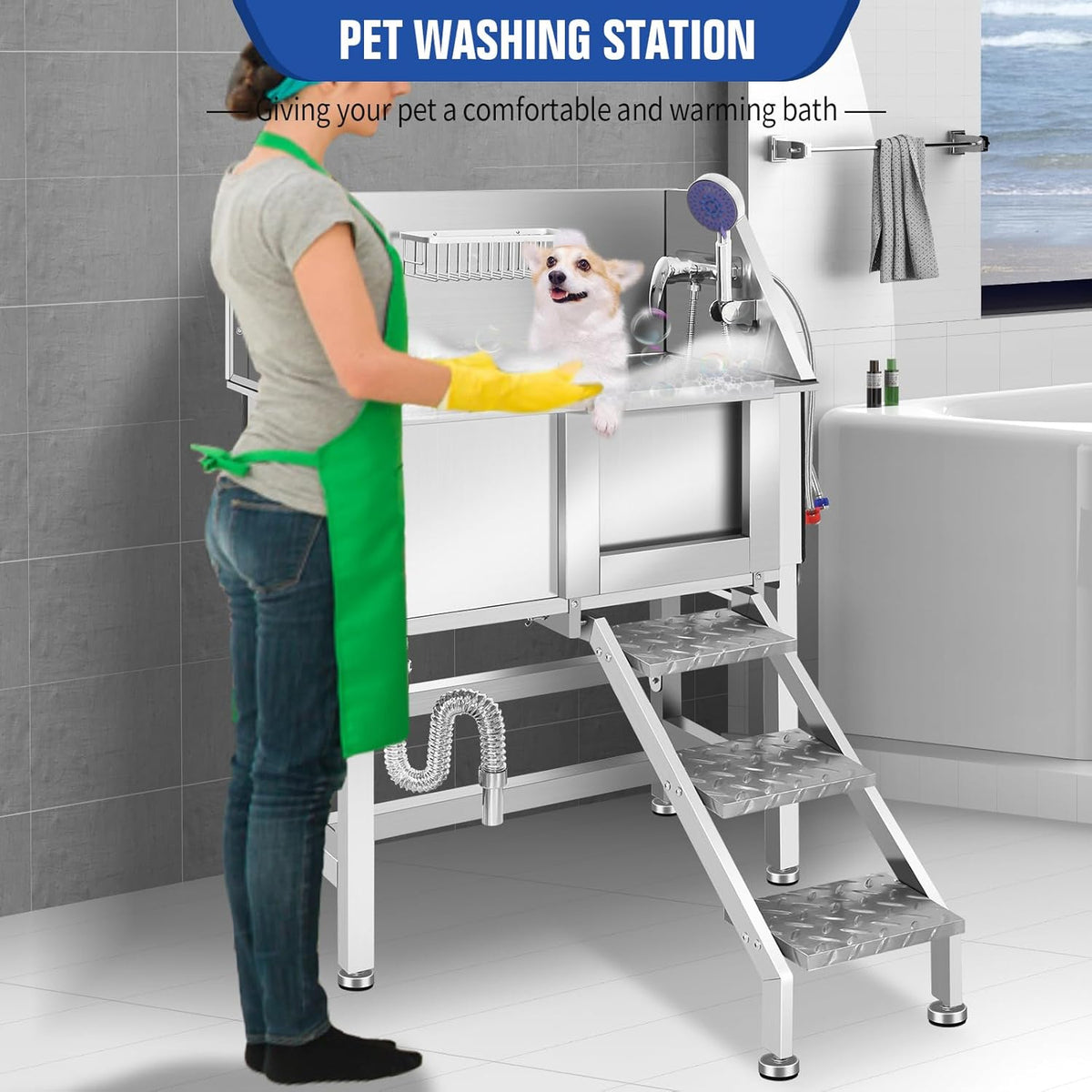Stainless Steel Dog Washing Station, Pet Grooming Tub W/Storage Stairs, Faucet & Showerhead & Soap Holder Dog Bathtub for Large & Medium & Small Pets,34" R-RAMP
