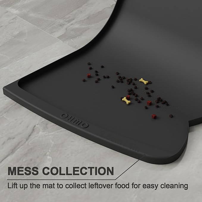 OHMO Dog Food Mat(Black, 24 * 15'') w/Residue Collection Pocket Silicone Pet Feeding Mat for Floor High Edges Anti Spills Waterproof Cat Water Bowl Tray, Easy Clean Placemat