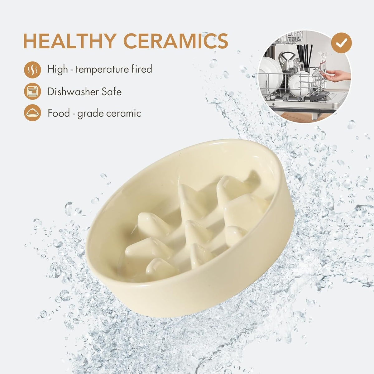 Ceramic 7.3 inch Dog Bowl Slow Feeder, Slow Pet Food Dish for Medium and Small Dog, Stop Bloat, Preventing Choking(Single Bowl, Beige)