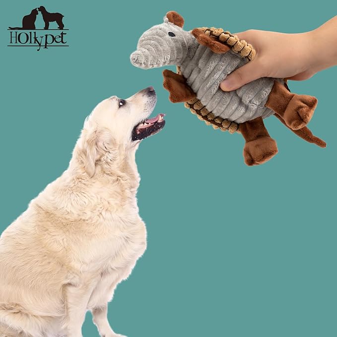 Hollypet Plush Dog Squeaky Toy Stuffed Armadillo Animal Pet Puppy Chew Toys with Clean Teeth for Small Medium Large All Breed Sizes Dogs, Light Brown, 10 in