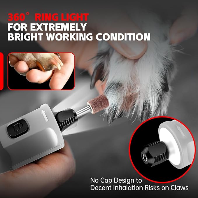 Dog Nail Grinder - Rechargeable Pet Nail Grinder, Electric Upgraded 5 Speed w LED Lights Cordless Dog Nail Trimmer Kit, 40 Accessories Pet Dog Claw Care Kit for Dogs Cats and Small Medium Animals Grey