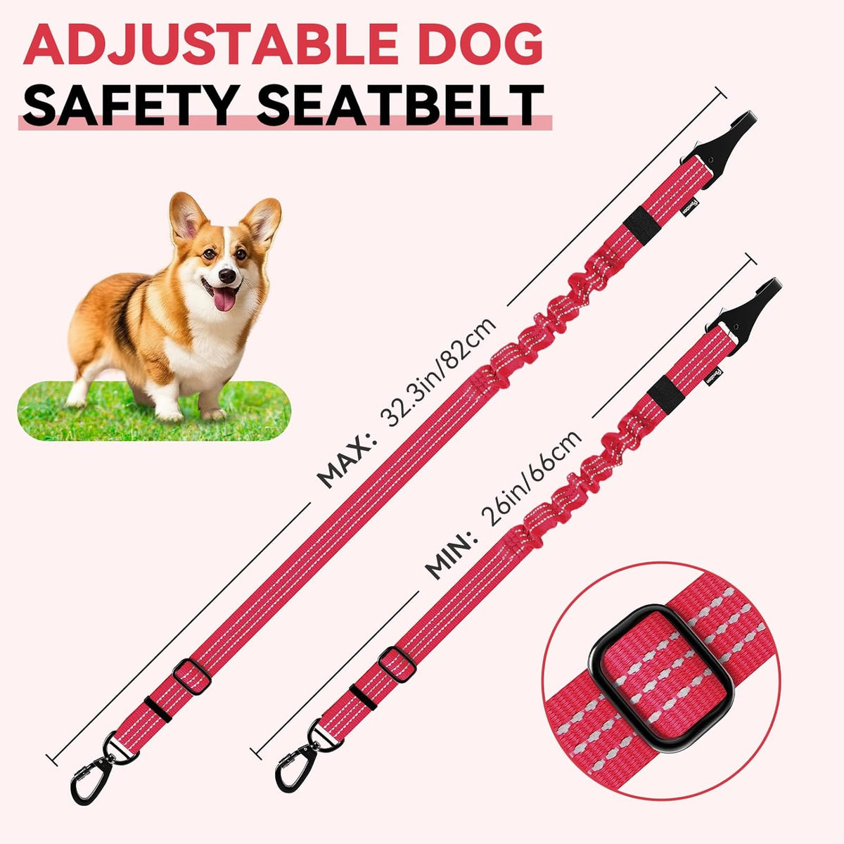 Pawaboo Dog Seatbelt for Car, 3-in-1 Dog Seat Belt Bungee, Shockproof Dogs Tether for Car with Buckle & Hook Latch, Adjustable Reflective Dogs Cars Harness Leash with 360° Lockable Buckle, Red